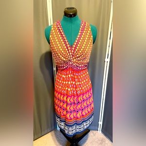 Shelli Segal Laundry Dress Geometric Orange Pink Halter Side Zip Jersey Size 6